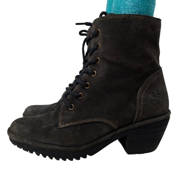 Fly London Suede Gray Woke910Fly Ankle Boots Size 40 US 9-9.5 Lace Up Block Heel - Picture 4 of 13